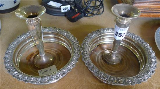 Pair of silver posy vases and a pair of plated wine coasters